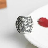 Chinese Pure Silver S925 Exquisite Punk Wind Cat Butterfly Peony Flower Ring