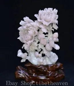 18.6" Chinese 100% Natural Xiu Jade Carving Peony Flower Peach Bird Sculpture