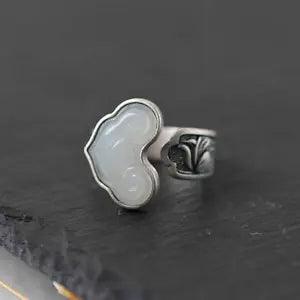 China Pure Silver S925 Inlay Hetian White Jade Ruyi Peony Flower Adjustable Ring