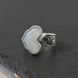 China Pure Silver S925 Inlay Hetian White Jade Ruyi Peony Flower Adjustable Ring