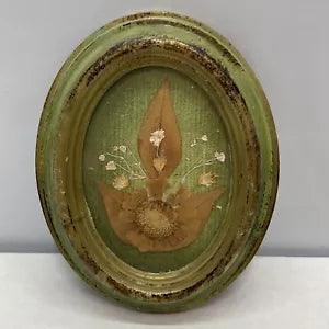 Hand Pressed Dried Flower In Oval Framed Green Velvet Canvas Made In Italy