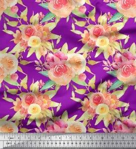 Soimoi Purple Viscose Chiffon Fabric Leaves & Ranunculus Floral-H4T