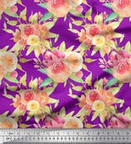 Soimoi Purple Viscose Chiffon Fabric Leaves & Ranunculus Floral-H4T