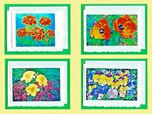 4 Floral Notecards 5x7"Original Art, Nice Gift, Blank, Marigold Tulip Lily Pansy