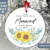 Married Christmas Ornament ? Personalized Engagement Ornament ? Our First Christmas Married Ornament ? Sunflowers ? Custom ? (OR-13 Yellow)
