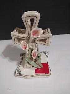 Blue Sky Clay Works Heather Goldminc Cross w/Lilies Candle Luminary W Base
