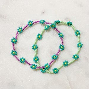 Teal Flower Seed Bead Bracelet / Green / Purple / Summer Collection / Handmade Jewelry / Surfer Beach Aesthetic / Dainty Daisy
