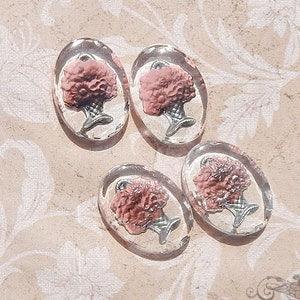 4 Vintage glass cabochons with pink flower basket. 13x18 mm reverse painted intaglio stones with dusty rose bouquet.