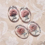 4 Vintage glass cabochons with pink flower basket. 13x18 mm reverse painted intaglio stones with dusty rose bouquet.