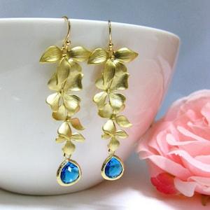 Golden Orchid Chandelier Earrings with Sapphire Blue Crystal Wedding Long Earrings Gold Earrings (E028)