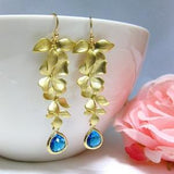 Golden Orchid Chandelier Earrings with Sapphire Blue Crystal Wedding Long Earrings Gold Earrings (E028)