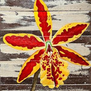 Tiger Orchid Acrylic Painting on Upcycled Wood