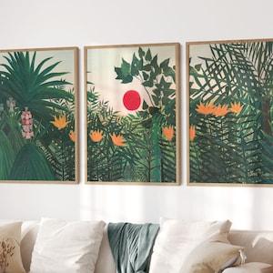 Henri Rousseau, Dark Green Print, Set of 3, Gallery Wall, Tropical Landscape, Forest Painting, Orange Flowers, Famous Artwork, Leaves Plants