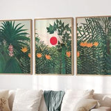 Henri Rousseau, Dark Green Print, Set of 3, Gallery Wall, Tropical Landscape, Forest Painting, Orange Flowers, Famous Artwork, Leaves Plants