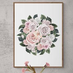 Pink White Greenery Rose Bouquet | Home Decor, Wall Painting, Watercolor Art, Watercolour Painting, Wall Hanging, Printable Art, Floral Art