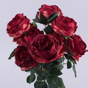 Artificial red roses bouquet | 10 heads | Silk roses fake flowers | Rose bouquet table centerpieces | Marsala blooming roses wedding bouquet