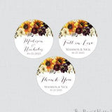 Printable OR Printed Fall Sunflower Wedding Stickers in Yellow and Burgundy - Autumn Floral Wedding Favor Label Circle Stickers HSL06