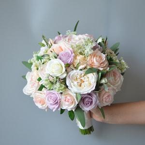 Blush Champagne Rustic Bouquet, Real Touch Faux Roses, Cabbage Roses, Mauve Bridal Bouquet, Eucalyptus,