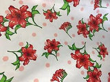 White Red Lily Flowers Spotted Poly Cotton Print Fabric - Sold By The Yard - 59"