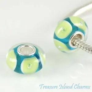 Green Calla Lily Flower on Blue Murano Glass Sterling Silver European Bead Charm