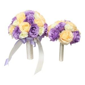 Bouquet-elegant classic rose bouquet in Lavender peach and ivory keepsake faux flowers