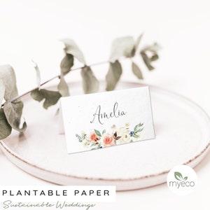 Plantable Place Cards, Pink roses,  Personalised  Wedding place name, Seeded Paper Placecards printed