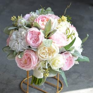 Spring Bouquet, Pink Rustic Bridal Bouquet, Real Touch Faux Roses, White hydrangeas, Greenery Wedding Bouquet