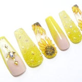 Sunflower Nails ?? Reusable press on, art, gift, acrylics, diy, sun, glass, flowers, festival, party, yellow, rhinestone, crystal, ombre, kit