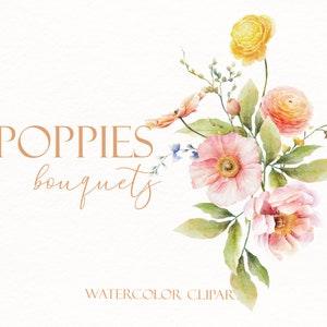 Blooming poppies bouquets watercolor clipart. Spring delicate flowers. Botanical illustrations. For wedding invites, cards & logo design