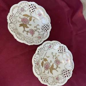 Dish Kalk Porcelain Bowl Gold Pink Peony Flowers Vintage Hand Painted Set 2