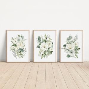 White Rose Bouquet Set of 3, Watercolor Flowers, Bedroom Wall Decor, Living Room Wall Art, Home Decor Gift, Greenery Bouquet, Rose Print