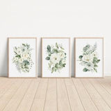 White Rose Bouquet Set of 3, Watercolor Flowers, Bedroom Wall Decor, Living Room Wall Art, Home Decor Gift, Greenery Bouquet, Rose Print