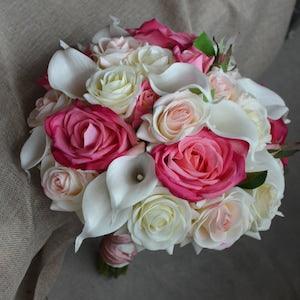 Real Touch Roses Bridal Bouquet ivory Callas Blush Hot pink Roses Ivory Rose Silk Wedding Bouquets