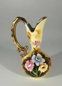 Vintage pitcher vase with hand painted carnations and gold trim 6" tall