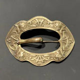 Antique Buckle Brooch Art Nouveau Victorian Lily Flower Oval 3" Brass Goldtone