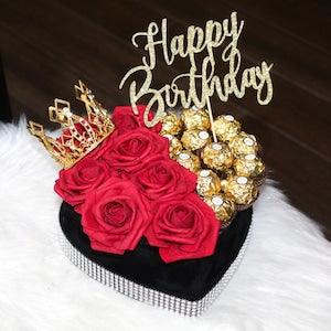 Personalized Heart Shaped Red Rose Flower Arrangement Valentine's Day Flowers Artificial Flower Gift Box W/ Chocolates Birthday Gift W/Crown