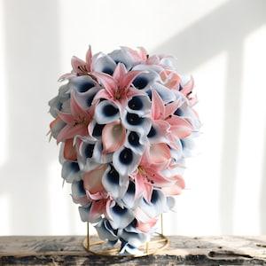 Navy Blush Pink Calla Lily Bouquet, Picasso Navy Calla Lilies, Real Touch Flowers, Blush Pink Tiger Lilies, Bridesmaid Bouquet