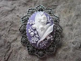 2 IN 1- LILY OF THE VALLEY CAMEO BROOCH / PIN / PENDANT - WHITE ON PURPLE