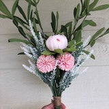 faux peony bouquet with lavender, chrysanthemums, and olive branches