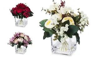 Silk Ranunculus Artificial Flower Arrangement in Cube Glass Vase With Faux Water