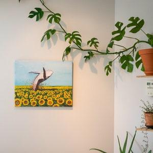 Joyful Whale Jumping in Sunflower Field / Canvas Giclee Print / Bright and Colorful Art Deco