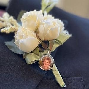 Groom Boutonniere Photo Memorial Charm, Photo Brooch, Stick Pin, Wedding Bouquet Charm, Boutonniere Pin, Wedding Memorial, Silver