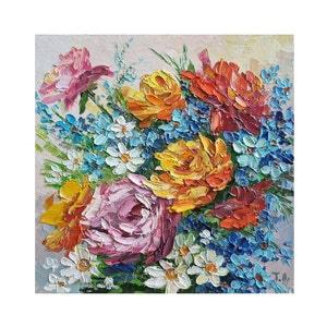 Rose Painting,Daisy Painting,Flower Bouquet,Floral Impasto,Oil Impasto,Small Painting,Flower Art,Nursery Wall Art,8 by 8 inches