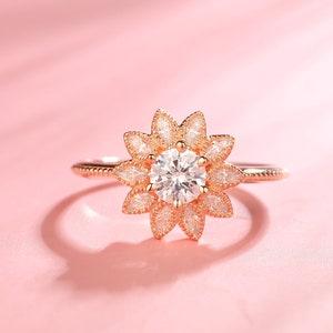 Sunflower Shaped Moissanite Ring, Floral Halo Diamond Engagement Ring, Mother's Day Gift, Moissanite Wedding Ring Rose Gold, Bridal Ring