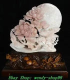15" China Natural Xiu Pink Jade Carve Peony Flower Bird Magpie Moon Statue