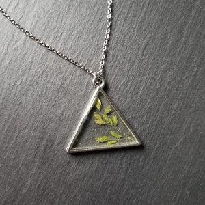Botanical Necklace, Resin, Plant, Green, Triangle, Clear, Pendant, Silver, Chain, Real, Gift, Accessory, One of a kind Present - Jewellery