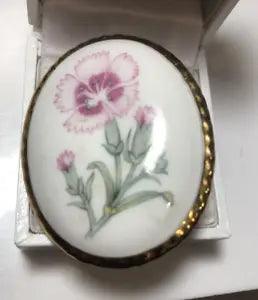 Vintage English Oval Green Pink Carnation Flower Cameo Gold Porcelain Brooch