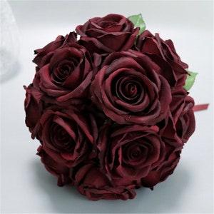 Bridal Bouquet Burgundy Artificial Silk Rose Flower Bridal Bouquet Dark Red Bridesmaids Bouquet Fake Wedding Flower Silk Flower Bouquet YB-1