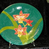 Hand Painted Ceramic Orchidware Small Plate - Wilsonara Orchid on dark teal background, art piece; orchids, flowers, plants, decor