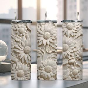 3D Sunflower Tumbler, Flower Stainless Tumbler, White 3D Tumbler, Floral Tumbler, 20oz Stainless Tumbler, Birthday Gift, Gift For Them